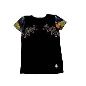 💚💕💙🌈☄️✨ROBERTO CAVALLI black with colorful sheer short sleeve tee!! Vntge!!
